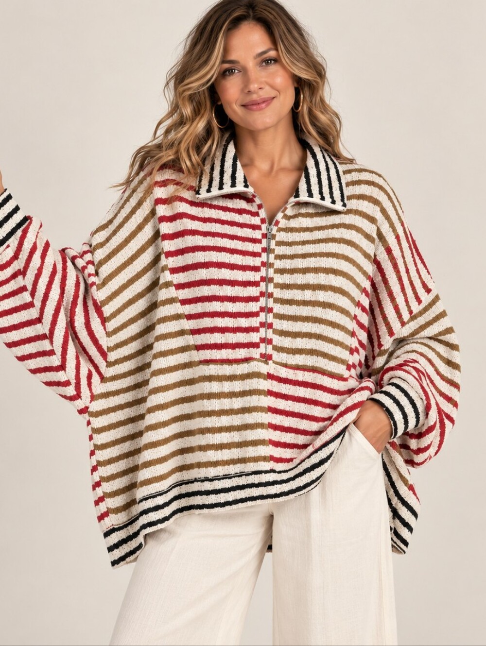 Easel Mixed Stripe Textured Quarter Zip Pullover Top XL A313